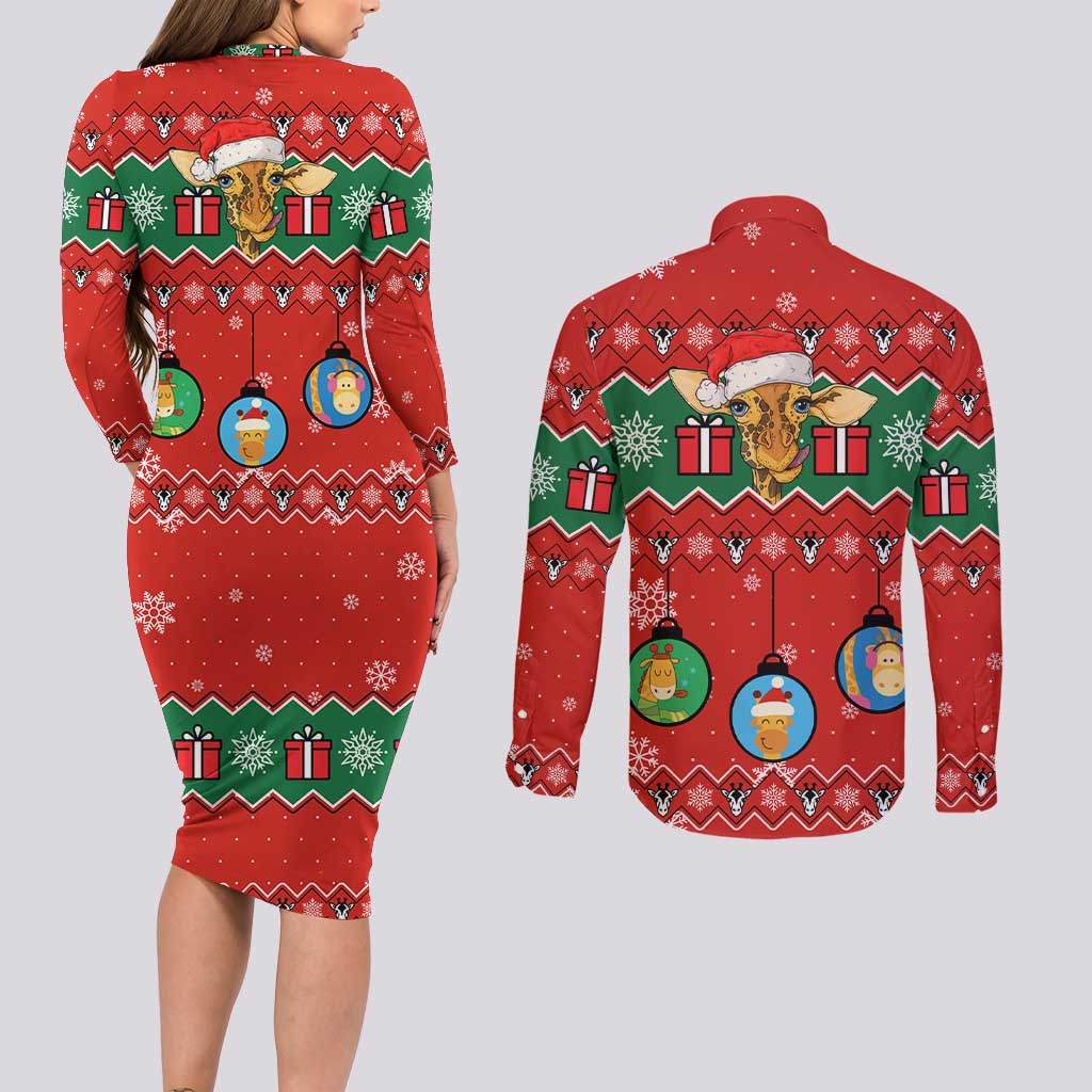 Lovely Giraffe Christmas Couples Matching Long Sleeve Bodycon Dress and Long Sleeve Button Shirt Xmas Holiday Patterns - Wonder Print Shop