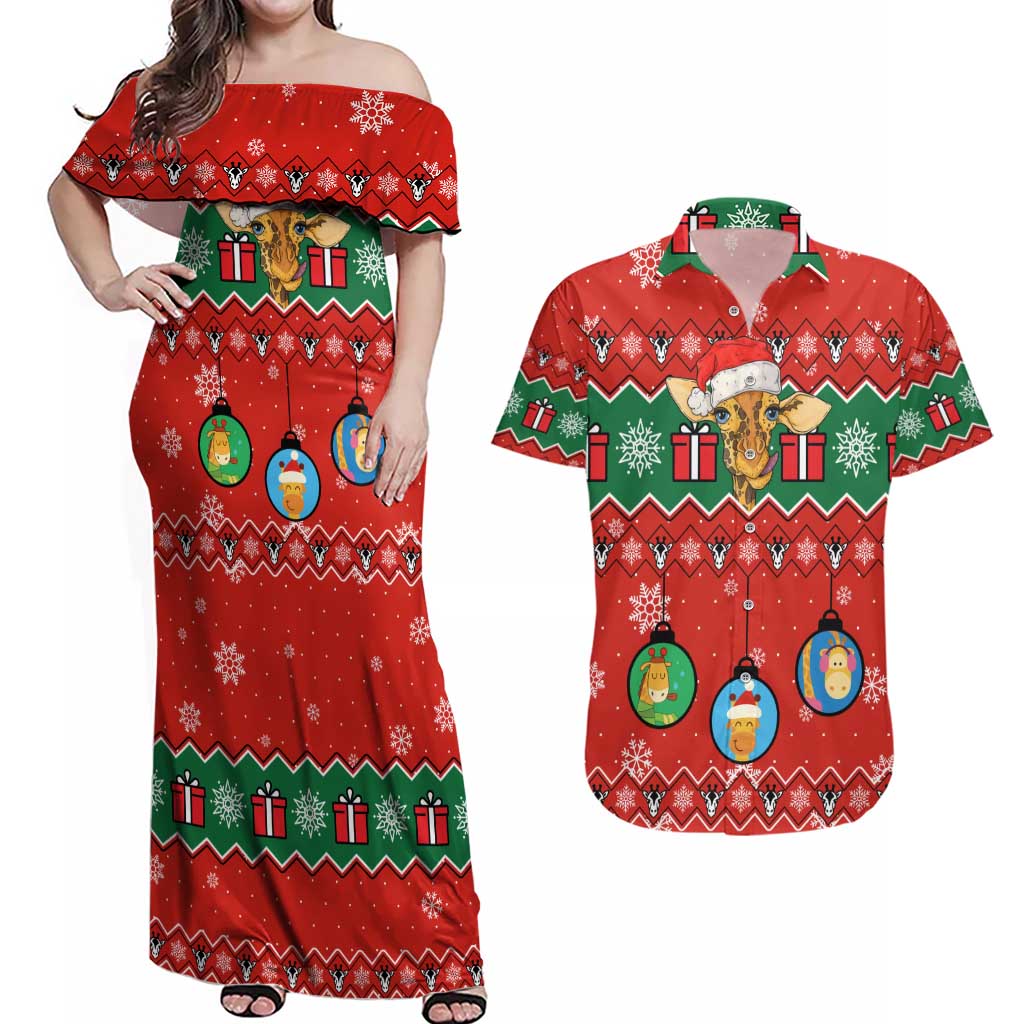Lovely Giraffe Christmas Couples Matching Off Shoulder Maxi Dress and Hawaiian Shirt Xmas Holiday Patterns - Wonder Print Shop