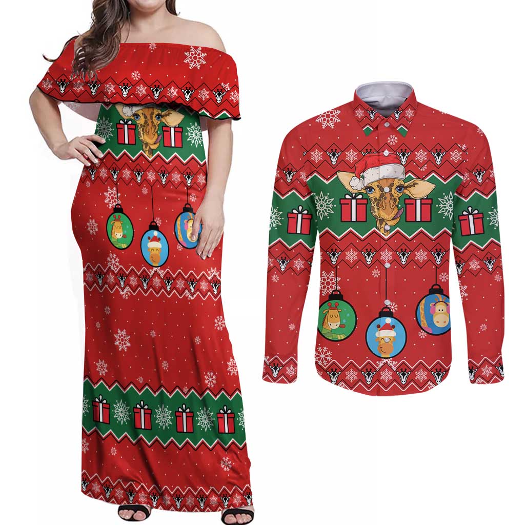 Lovely Giraffe Christmas Couples Matching Off Shoulder Maxi Dress and Long Sleeve Button Shirt Xmas Holiday Patterns - Wonder Print Shop