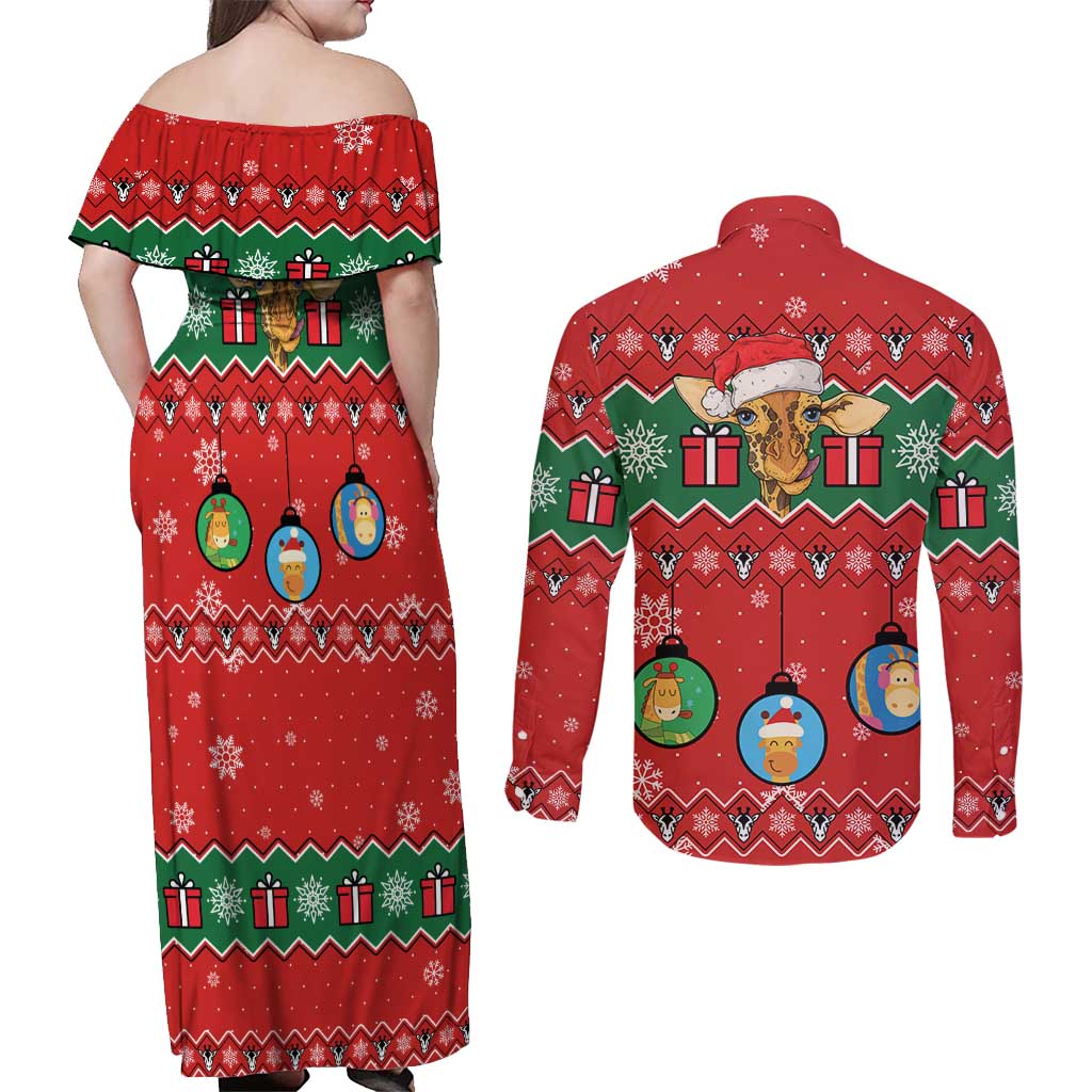 Lovely Giraffe Christmas Couples Matching Off Shoulder Maxi Dress and Long Sleeve Button Shirt Xmas Holiday Patterns - Wonder Print Shop