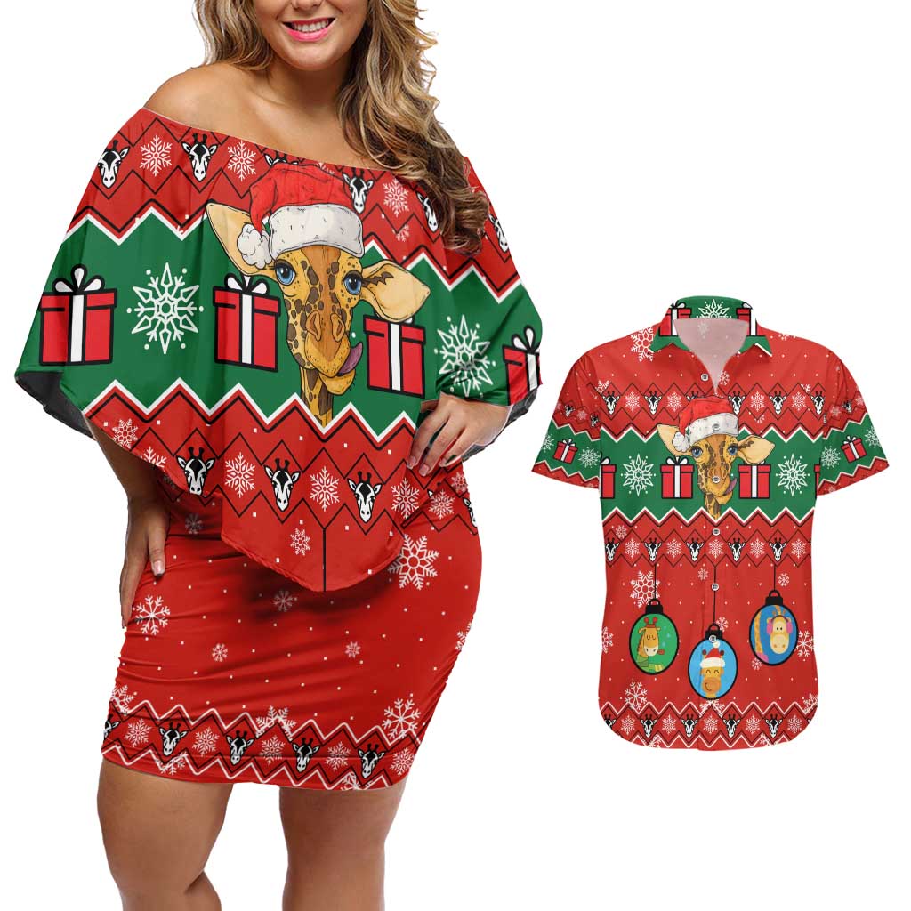 Lovely Giraffe Christmas Couples Matching Off Shoulder Short Dress and Hawaiian Shirt Xmas Holiday Patterns - Wonder Print Shop