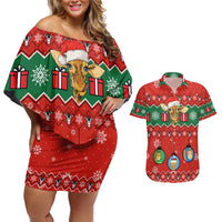 Lovely Giraffe Christmas Couples Matching Off Shoulder Short Dress and Hawaiian Shirt Xmas Holiday Patterns - Wonder Print Shop