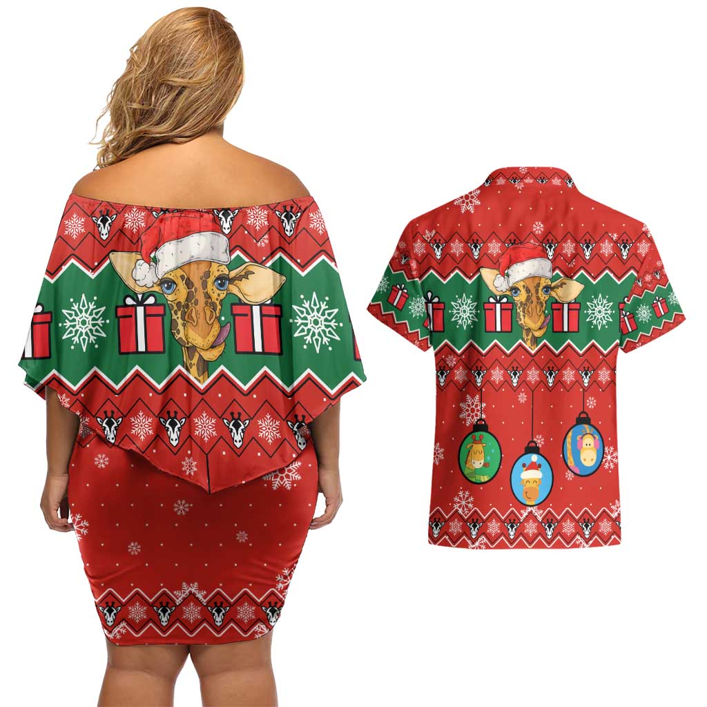 Lovely Giraffe Christmas Couples Matching Off Shoulder Short Dress and Hawaiian Shirt Xmas Holiday Patterns - Wonder Print Shop
