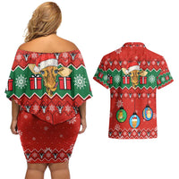 Lovely Giraffe Christmas Couples Matching Off Shoulder Short Dress and Hawaiian Shirt Xmas Holiday Patterns - Wonder Print Shop