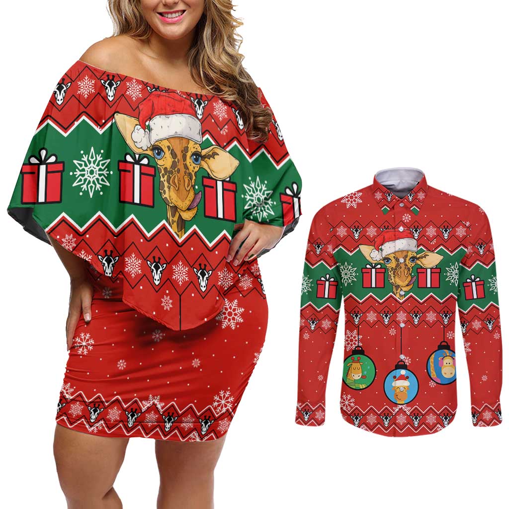 Lovely Giraffe Christmas Couples Matching Off Shoulder Short Dress and Long Sleeve Button Shirt Xmas Holiday Patterns - Wonder Print Shop
