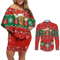 Lovely Giraffe Christmas Couples Matching Off Shoulder Short Dress and Long Sleeve Button Shirt Xmas Holiday Patterns - Wonder Print Shop
