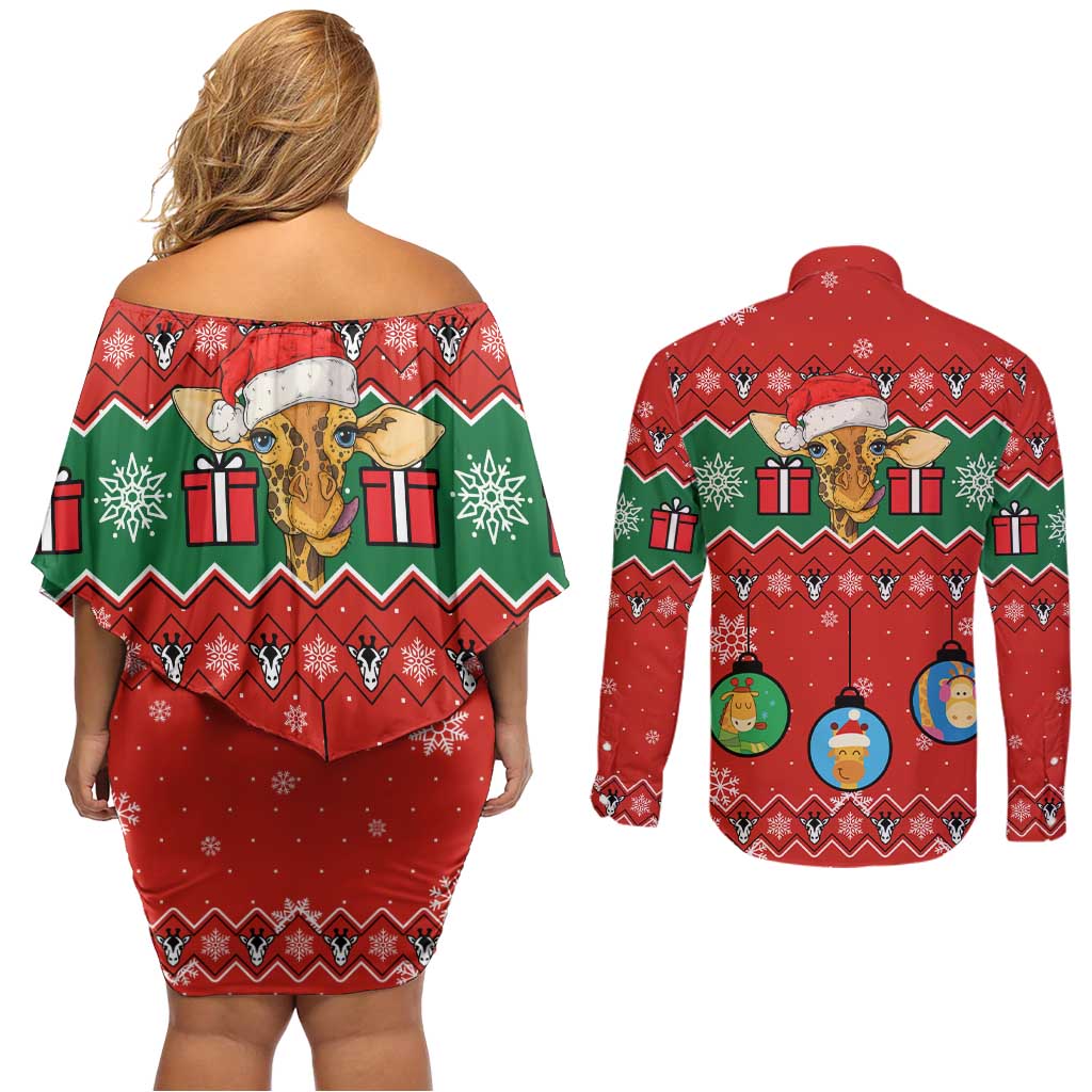 Lovely Giraffe Christmas Couples Matching Off Shoulder Short Dress and Long Sleeve Button Shirt Xmas Holiday Patterns - Wonder Print Shop