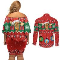 Lovely Giraffe Christmas Couples Matching Off Shoulder Short Dress and Long Sleeve Button Shirt Xmas Holiday Patterns - Wonder Print Shop