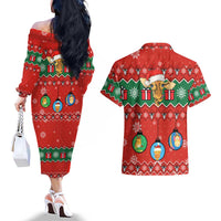 Lovely Giraffe Christmas Couples Matching Off The Shoulder Long Sleeve Dress and Hawaiian Shirt Xmas Holiday Patterns - Wonder Print Shop