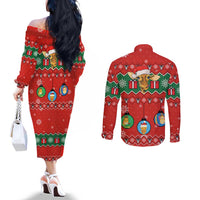 Lovely Giraffe Christmas Couples Matching Off The Shoulder Long Sleeve Dress and Long Sleeve Button Shirt Xmas Holiday Patterns - Wonder Print Shop