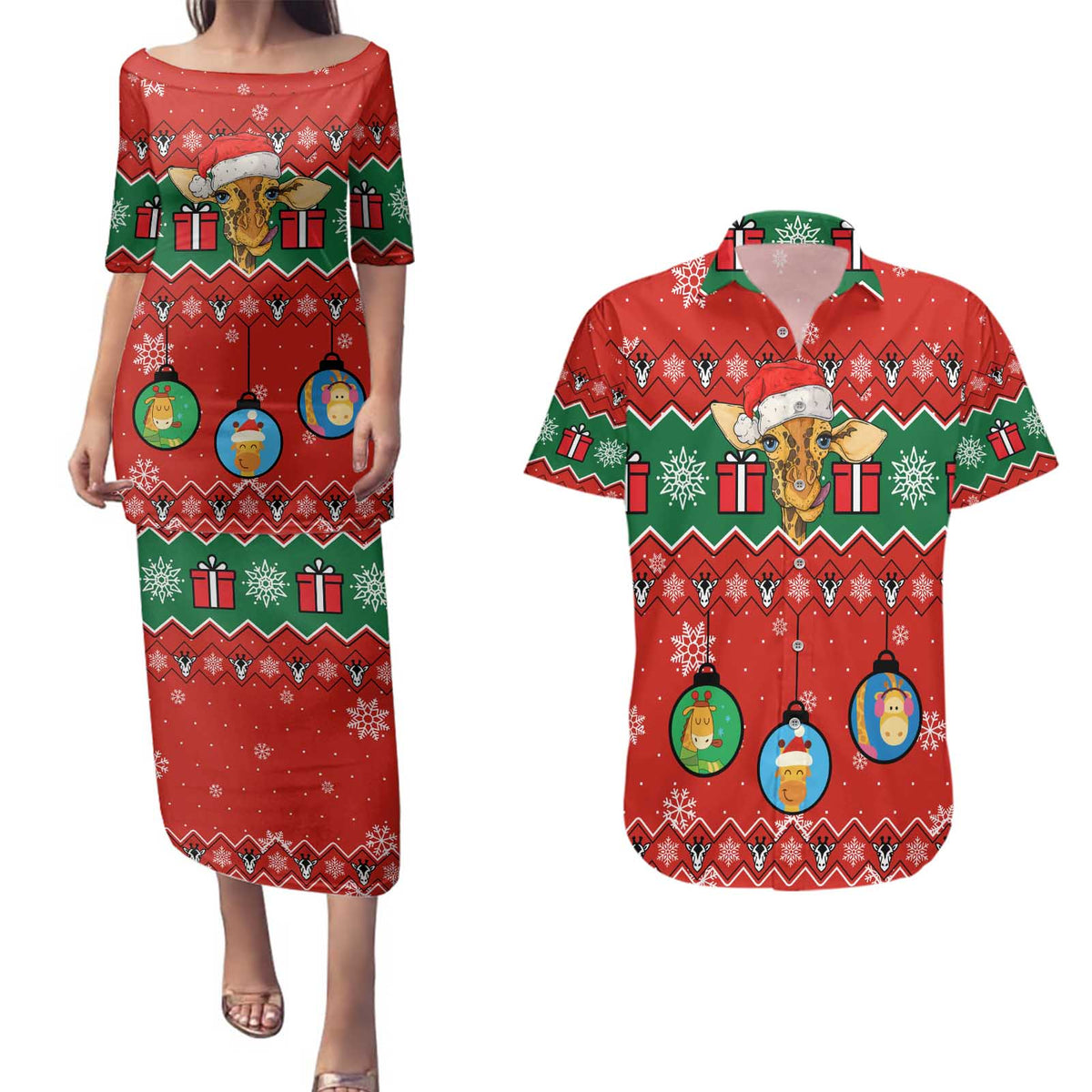 Lovely Giraffe Christmas Couples Matching Puletasi and Hawaiian Shirt Xmas Holiday Patterns - Wonder Print Shop