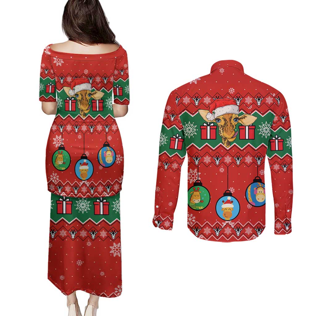 Lovely Giraffe Christmas Couples Matching Puletasi and Long Sleeve Button Shirt Xmas Holiday Patterns - Wonder Print Shop