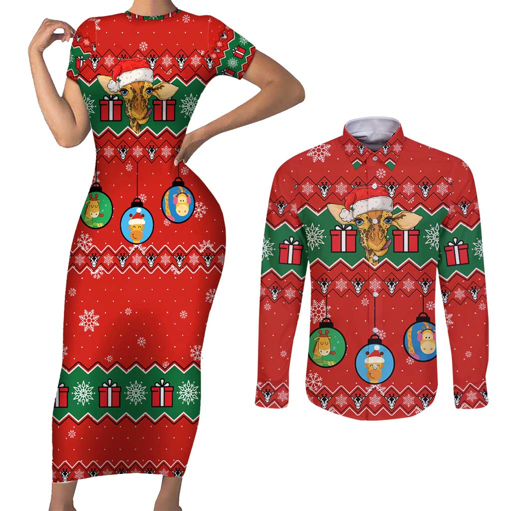 Lovely Giraffe Christmas Couples Matching Short Sleeve Bodycon Dress and Long Sleeve Button Shirt Xmas Holiday Patterns - Wonder Print Shop