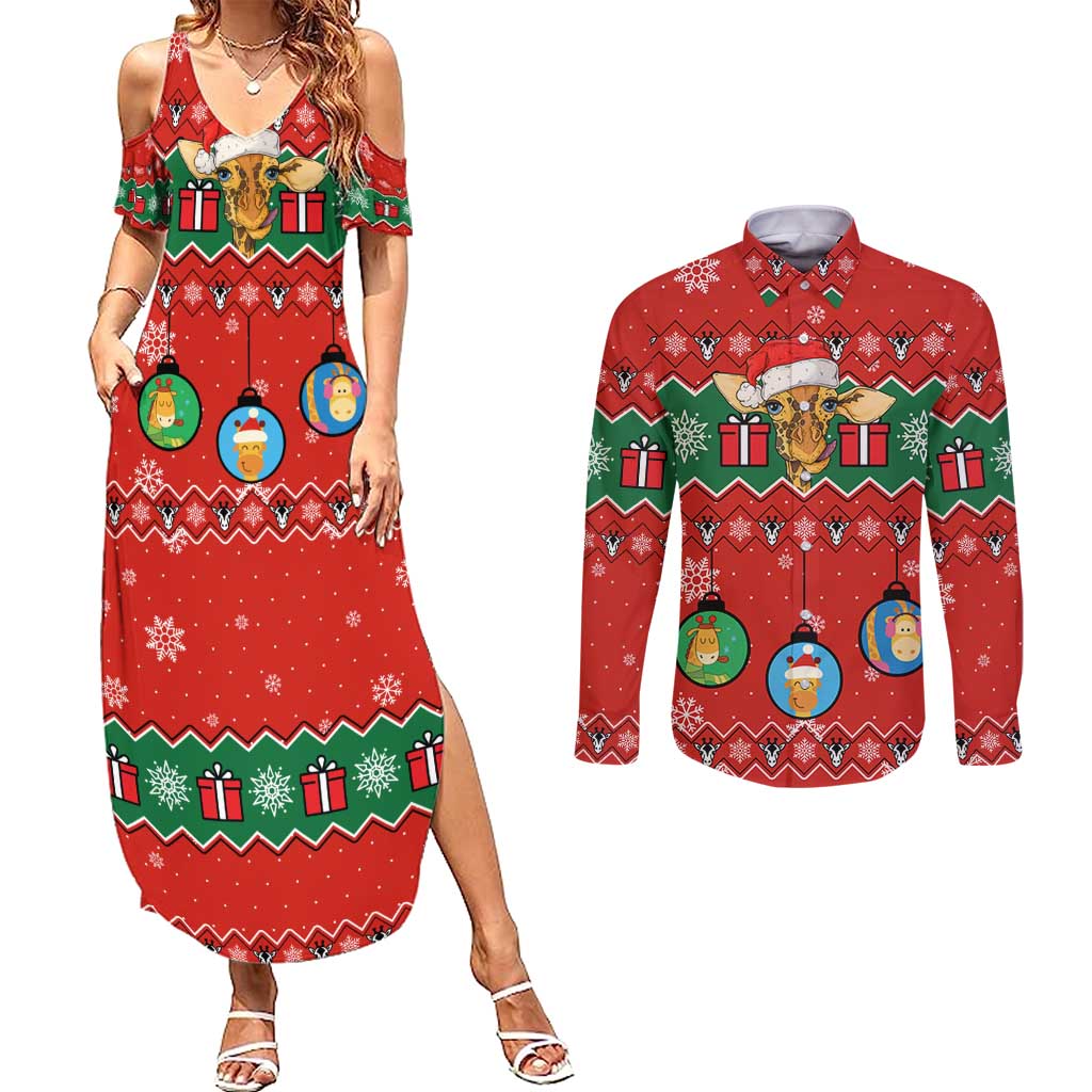 Lovely Giraffe Christmas Couples Matching Summer Maxi Dress and Long Sleeve Button Shirt Xmas Holiday Patterns - Wonder Print Shop