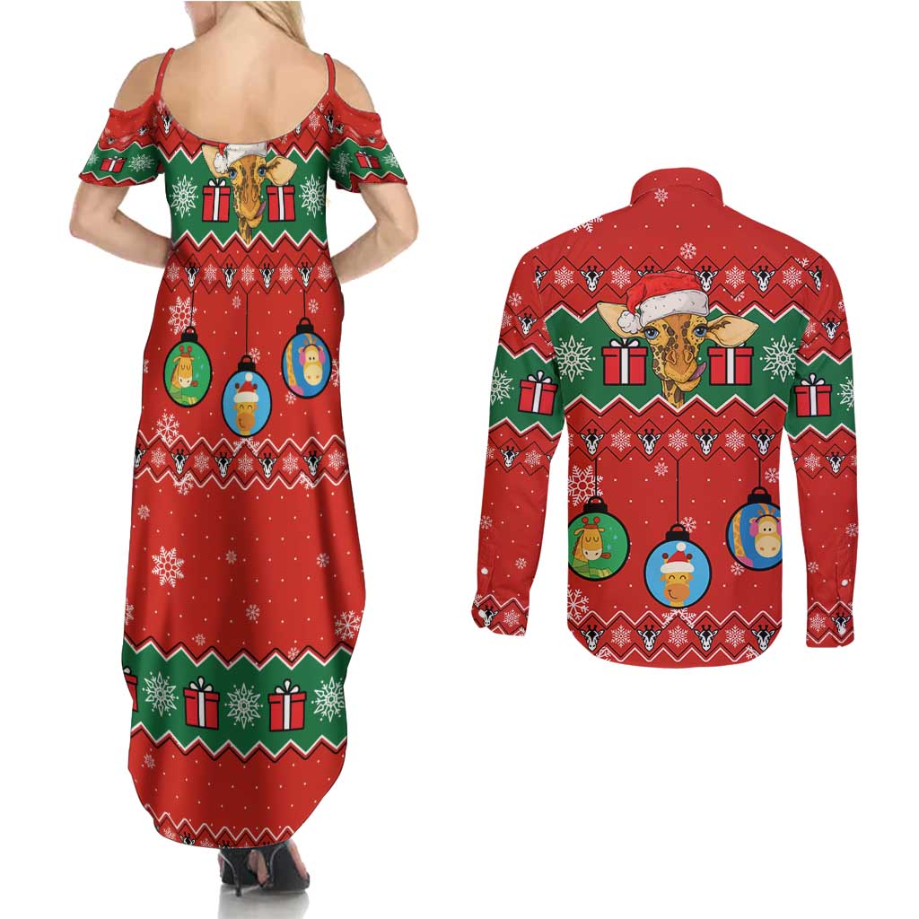Lovely Giraffe Christmas Couples Matching Summer Maxi Dress and Long Sleeve Button Shirt Xmas Holiday Patterns - Wonder Print Shop