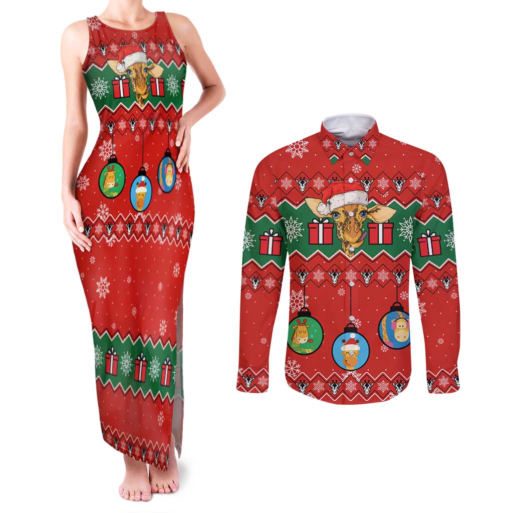 Lovely Giraffe Christmas Couples Matching Tank Maxi Dress and Long Sleeve Button Shirt Xmas Holiday Patterns - Wonder Print Shop