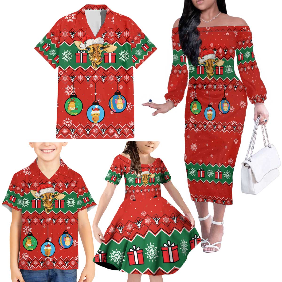 Lovely Giraffe Christmas Family Matching Off The Shoulder Long Sleeve Dress and Hawaiian Shirt Xmas Holiday Patterns - Wonder Print Shop