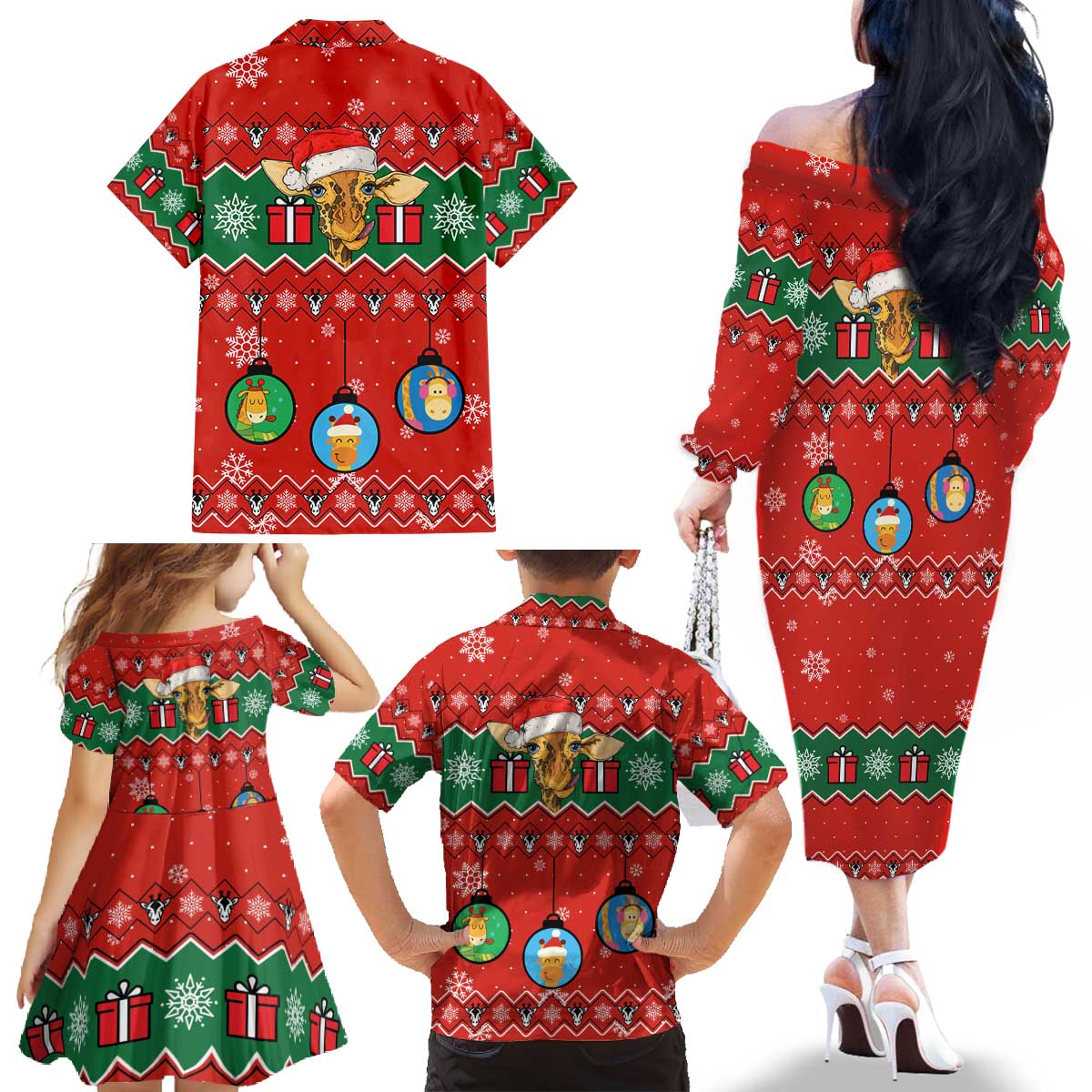Lovely Giraffe Christmas Family Matching Off The Shoulder Long Sleeve Dress and Hawaiian Shirt Xmas Holiday Patterns - Wonder Print Shop