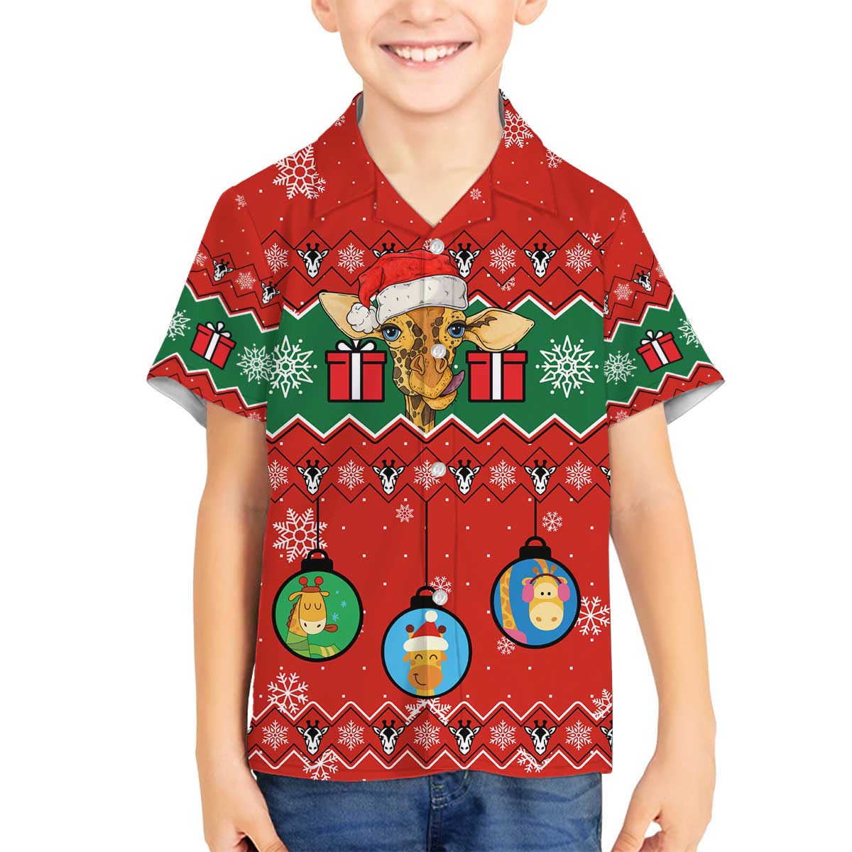 Lovely Giraffe Christmas Family Matching Off The Shoulder Long Sleeve Dress and Hawaiian Shirt Xmas Holiday Patterns - Wonder Print Shop