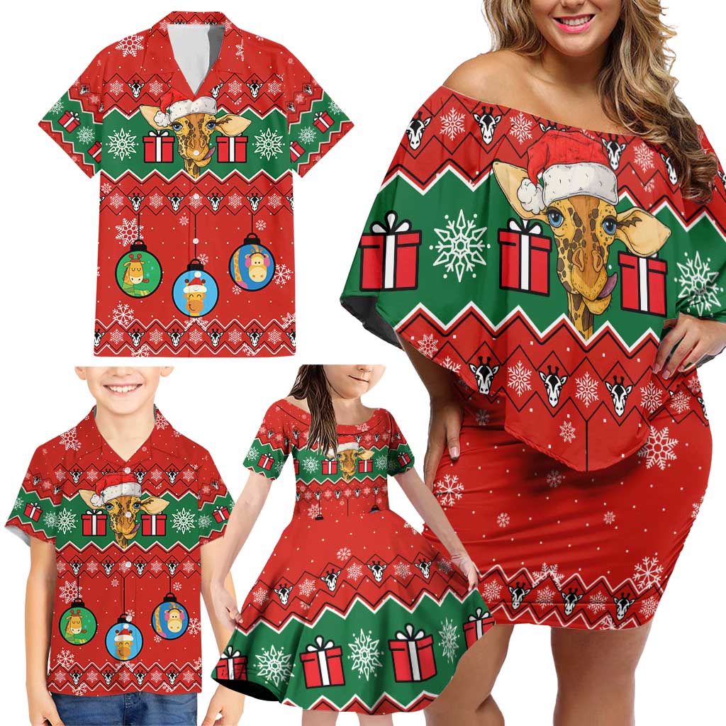 Lovely Giraffe Christmas Family Matching Off Shoulder Short Dress and Hawaiian Shirt Xmas Holiday Patterns - Wonder Print Shop