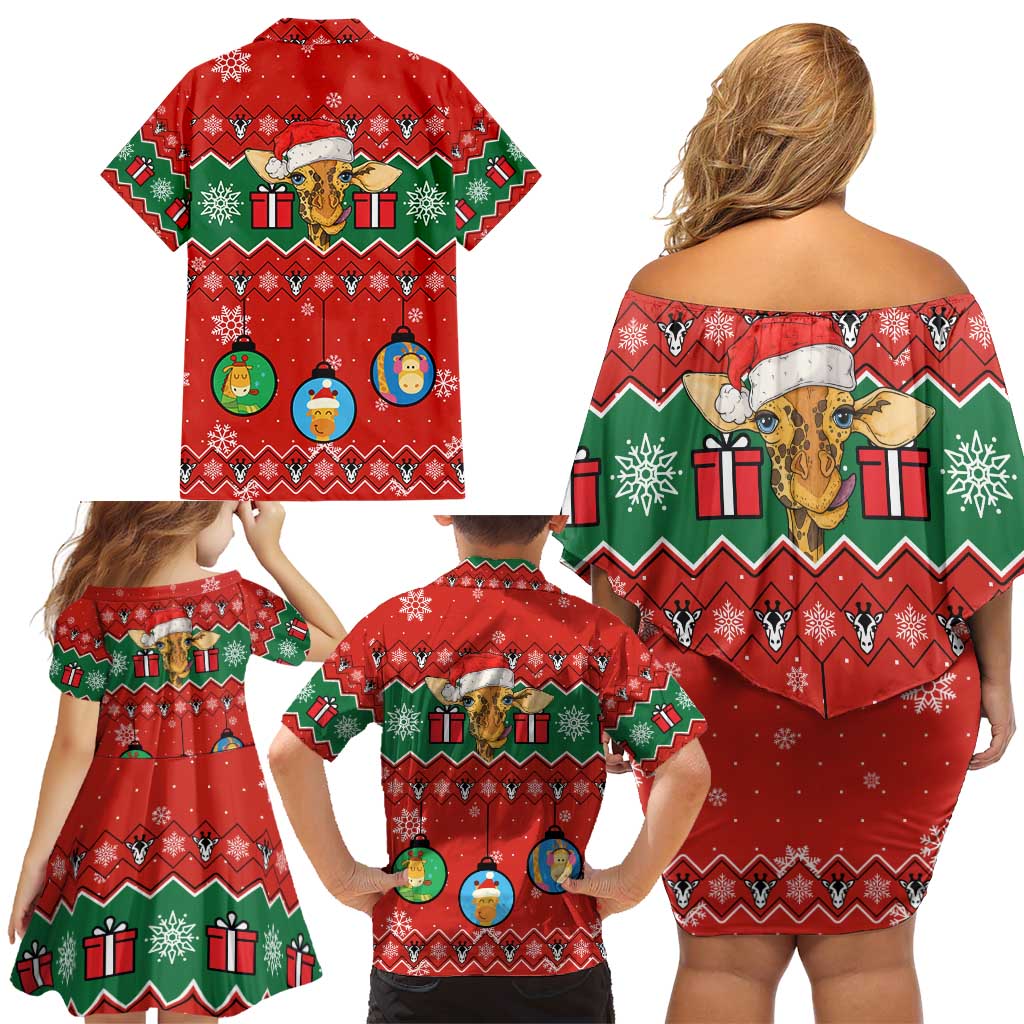 Lovely Giraffe Christmas Family Matching Off Shoulder Short Dress and Hawaiian Shirt Xmas Holiday Patterns - Wonder Print Shop