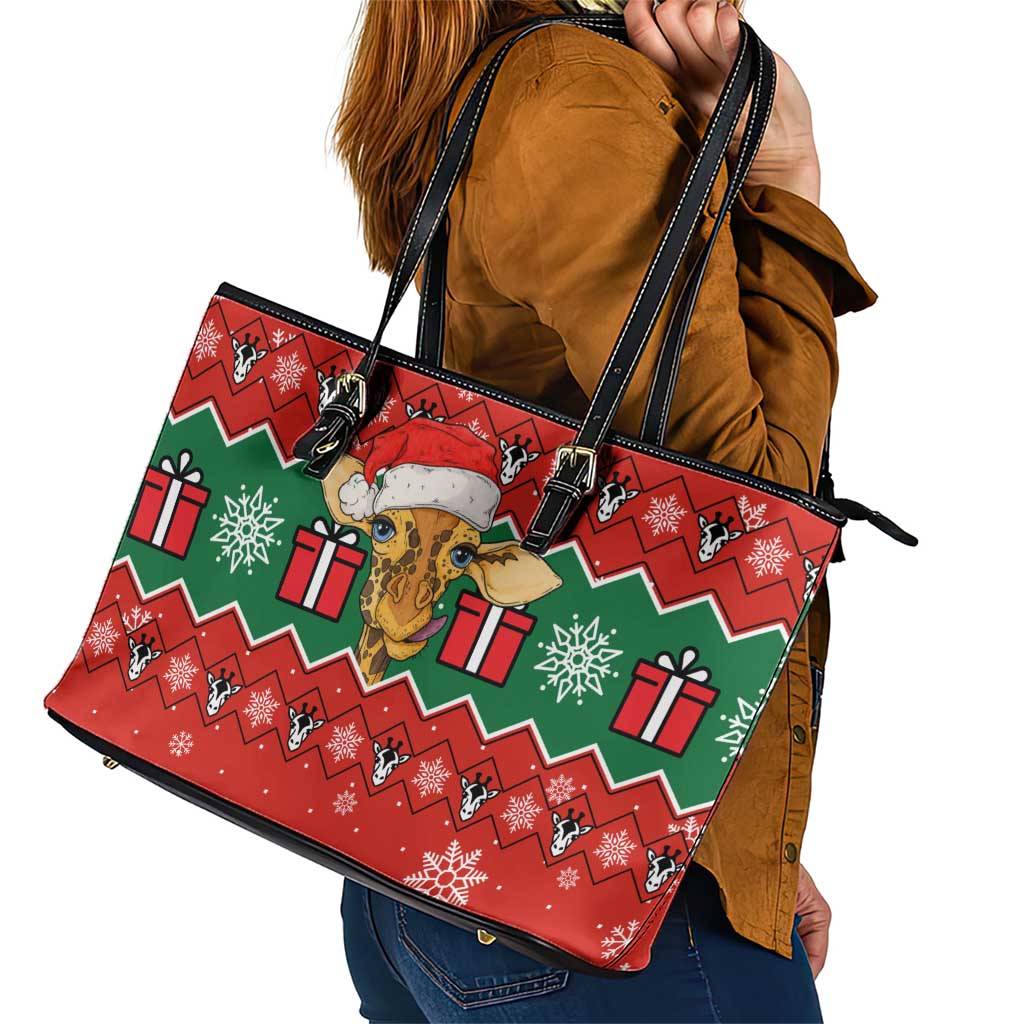 Lovely Giraffe Christmas Leather Tote Bag Xmas Holiday Patterns - Wonder Print Shop