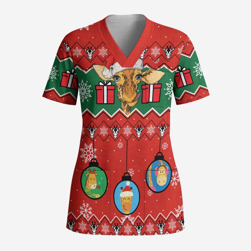 Lovely Giraffe Christmas Scrub Top Xmas Holiday Patterns - Wonder Print Shop