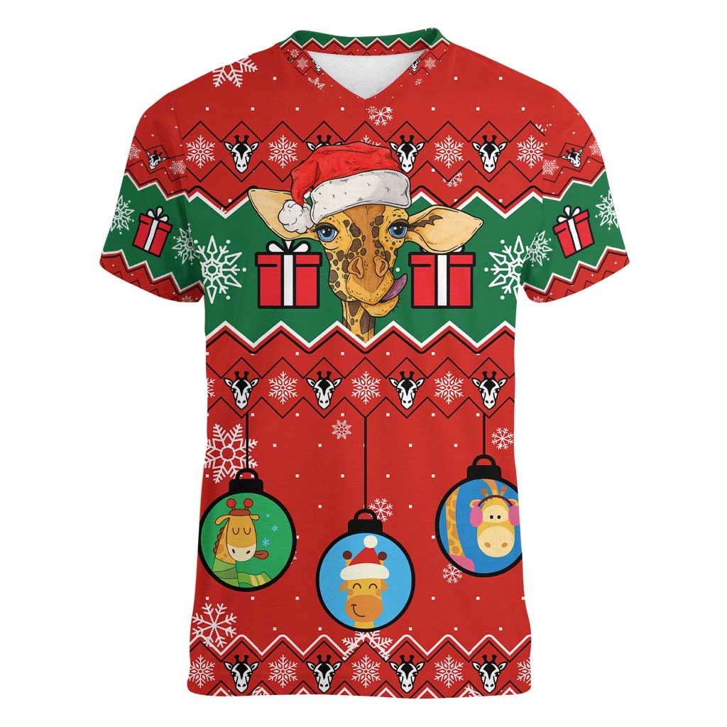 Lovely Giraffe Christmas Women V-Neck T-Shirt Xmas Holiday Patterns - Wonder Print Shop