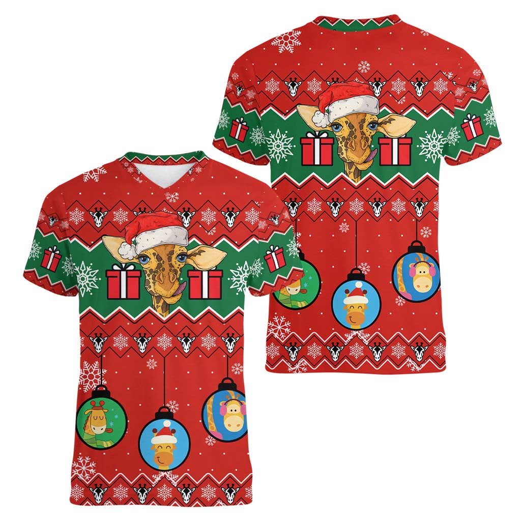 Lovely Giraffe Christmas Women V-Neck T-Shirt Xmas Holiday Patterns - Wonder Print Shop