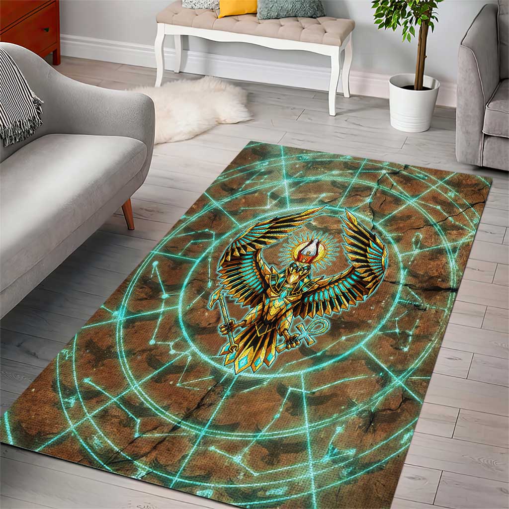 Horus Eye of Ra Area Rug Golden Falcon Ancient Egyptian Symbol in Futuristic