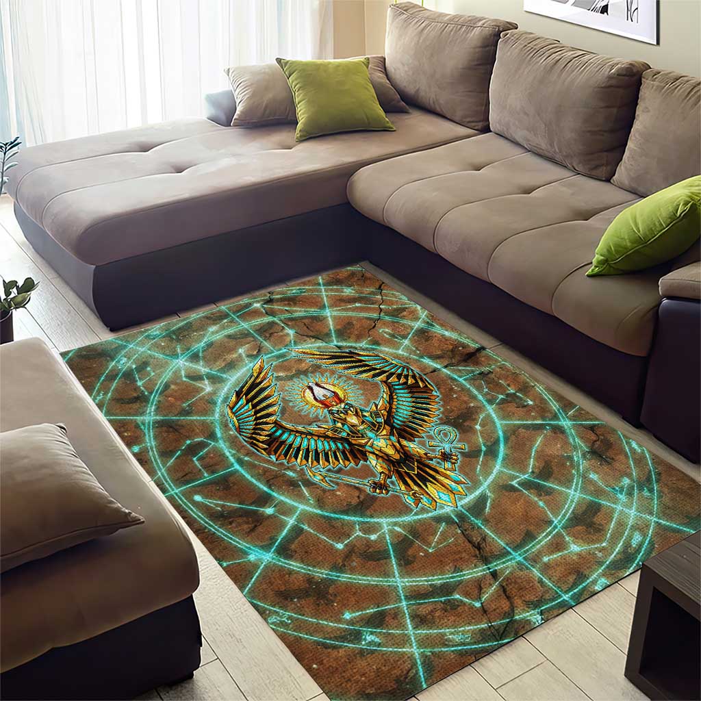 Horus Eye of Ra Area Rug Golden Falcon Ancient Egyptian Symbol in Futuristic