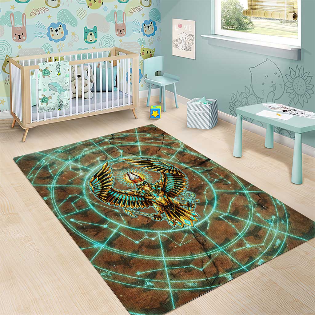 Horus Eye of Ra Area Rug Golden Falcon Ancient Egyptian Symbol in Futuristic