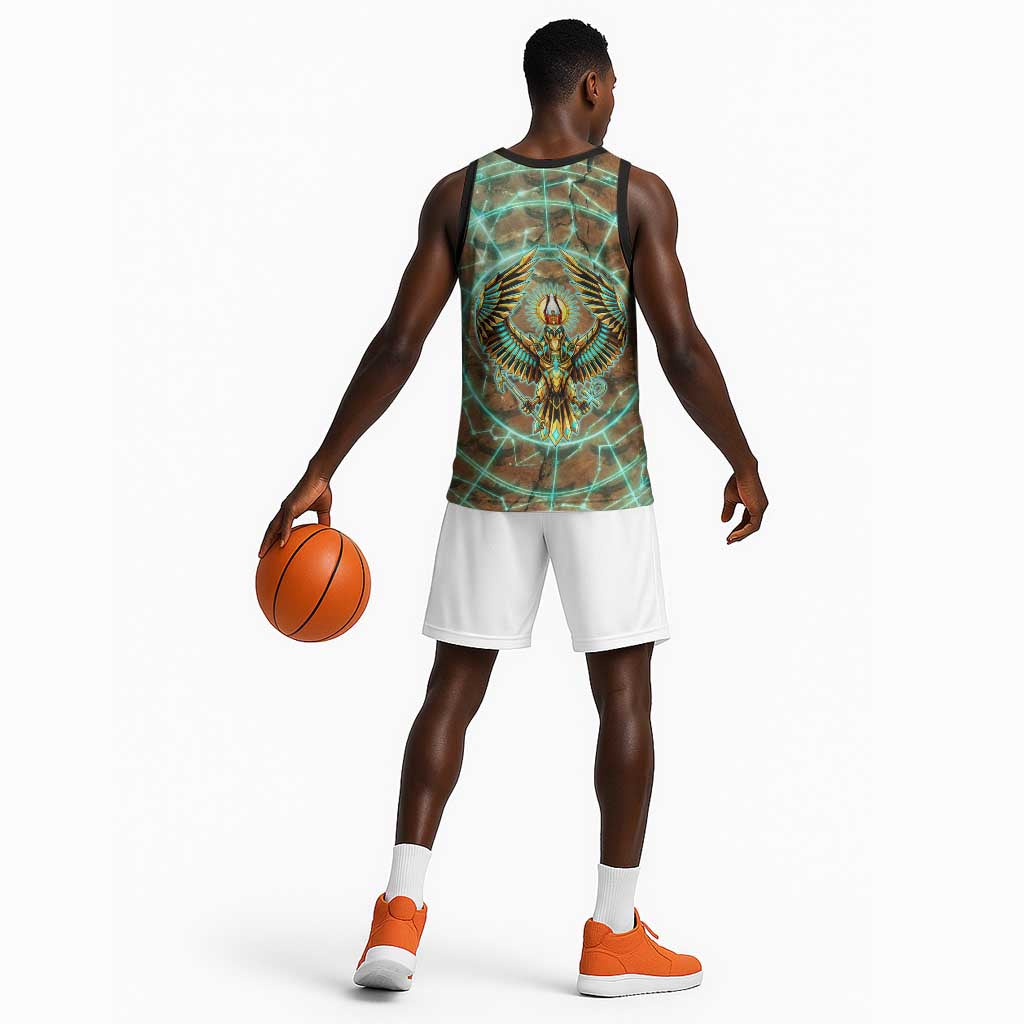 Horus Eye of Ra Basketball Jersey Golden Falcon Ancient Egyptian Symbol in Futuristic