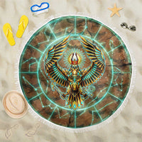 Horus Eye of Ra Beach Blanket Golden Falcon Ancient Egyptian Symbol in Futuristic