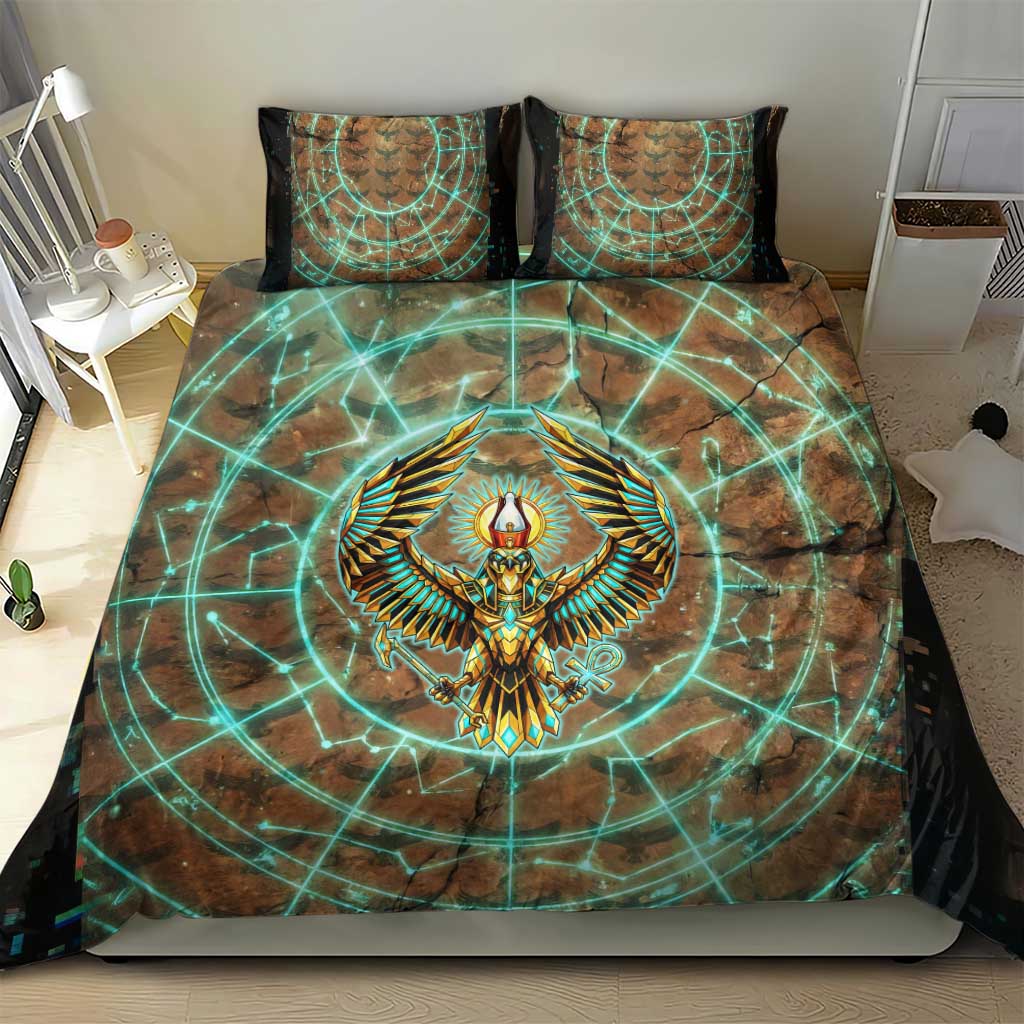 Horus Eye of Ra Bedding Set Golden Falcon Ancient Egyptian Symbol in Futuristic