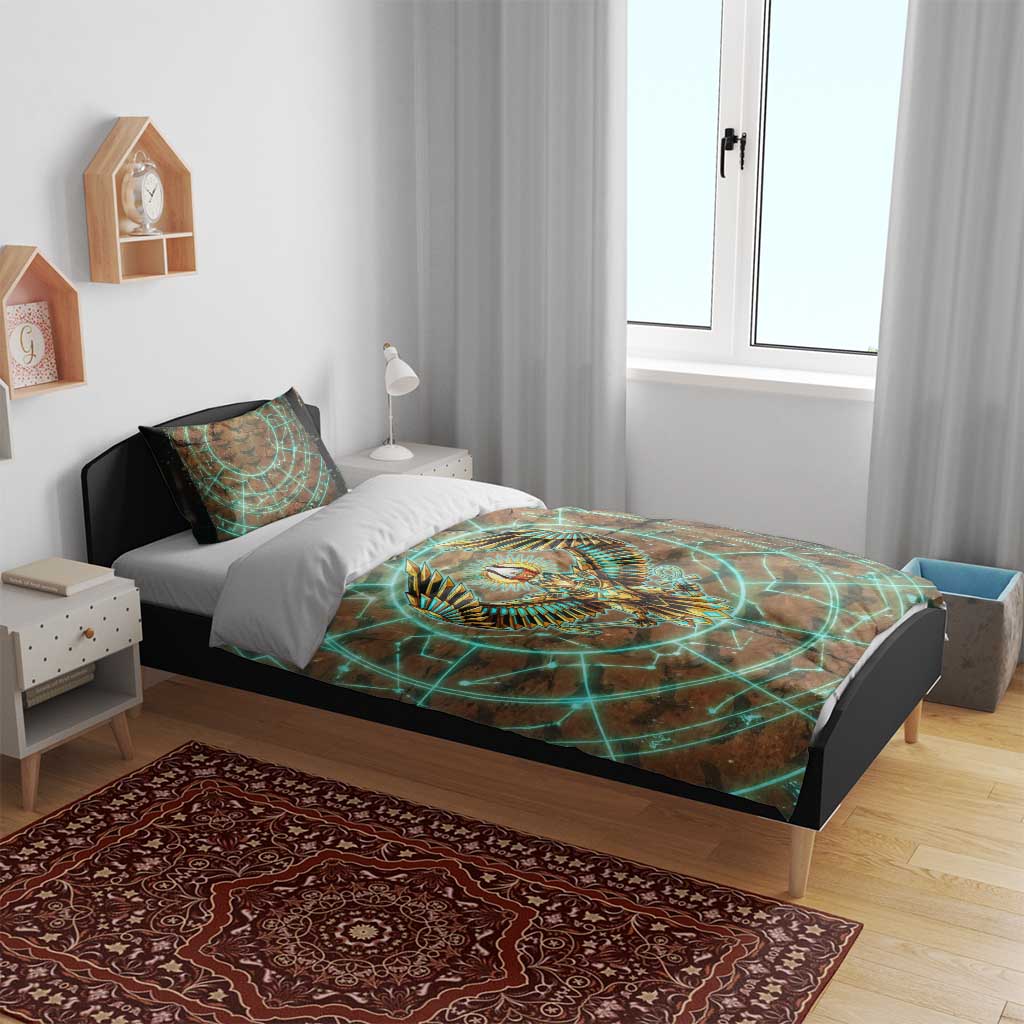 Horus Eye of Ra Bedding Set Golden Falcon Ancient Egyptian Symbol in Futuristic