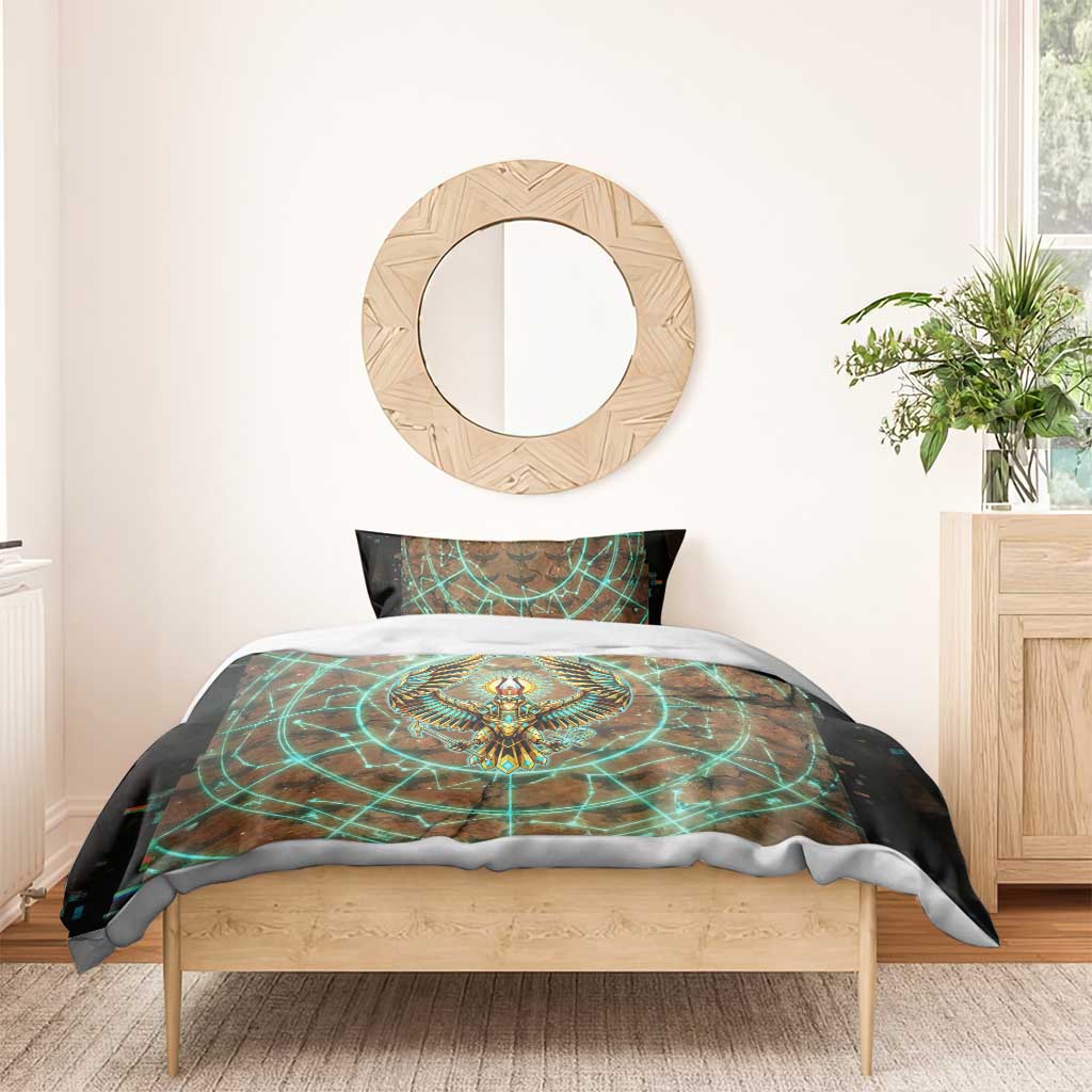 Horus Eye of Ra Bedding Set Golden Falcon Ancient Egyptian Symbol in Futuristic
