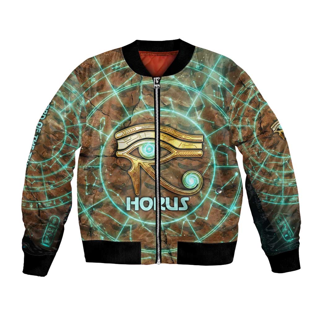 Horus Eye of Ra Bomber Jacket Golden Falcon Ancient Egyptian Symbol in Futuristic