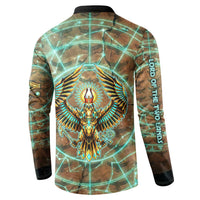 Horus Eye of Ra Button Sweatshirt Golden Falcon Ancient Egyptian Symbol in Futuristic