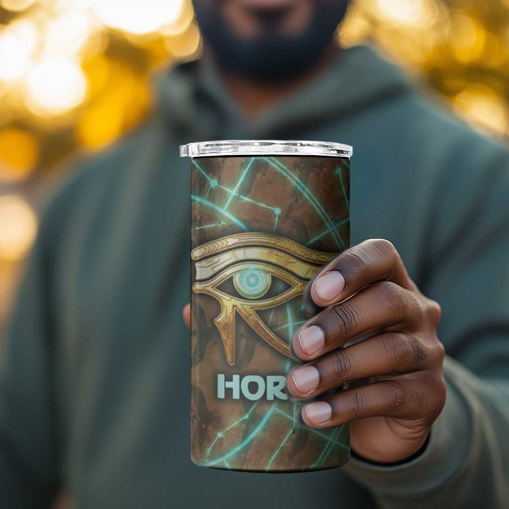Horus Eye of Ra 4 in 1 Can Cooler Tumbler Golden Falcon Ancient Egyptian Symbol in Futuristic