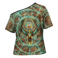 Horus Eye of Ra Cross Shoulder Shirt Golden Falcon Ancient Egyptian Symbol in Futuristic