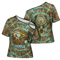 Horus Eye of Ra Cross Shoulder Shirt Golden Falcon Ancient Egyptian Symbol in Futuristic