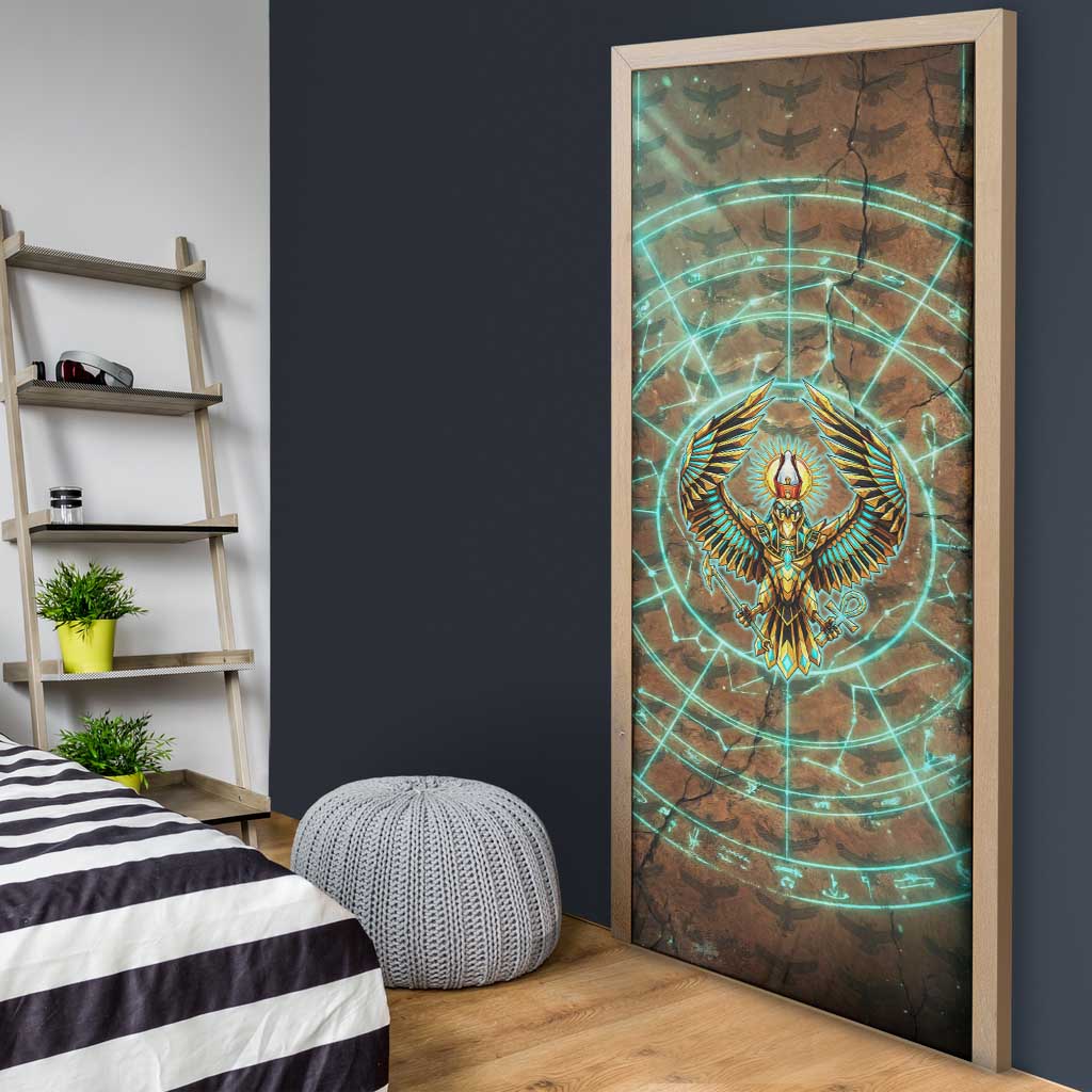 Horus Eye of Ra Door Cover Golden Falcon Ancient Egyptian Symbol in Futuristic