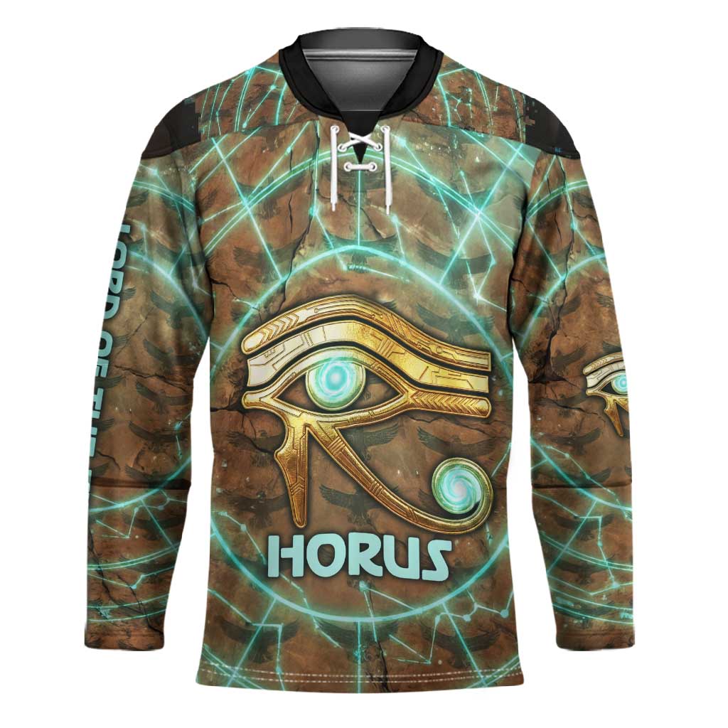 Horus Eye of Ra Hockey Jersey Golden Falcon Ancient Egyptian Symbol in Futuristic