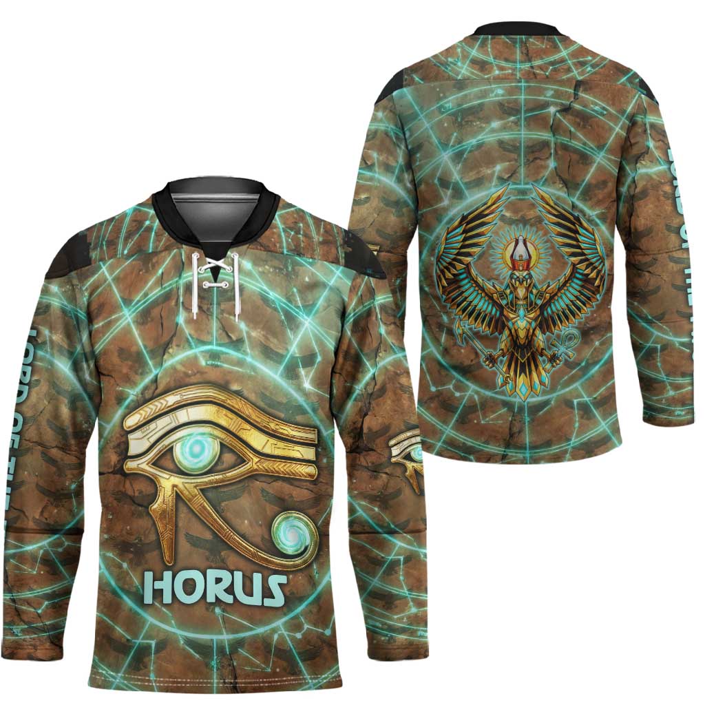 Horus Eye of Ra Hockey Jersey Golden Falcon Ancient Egyptian Symbol in Futuristic