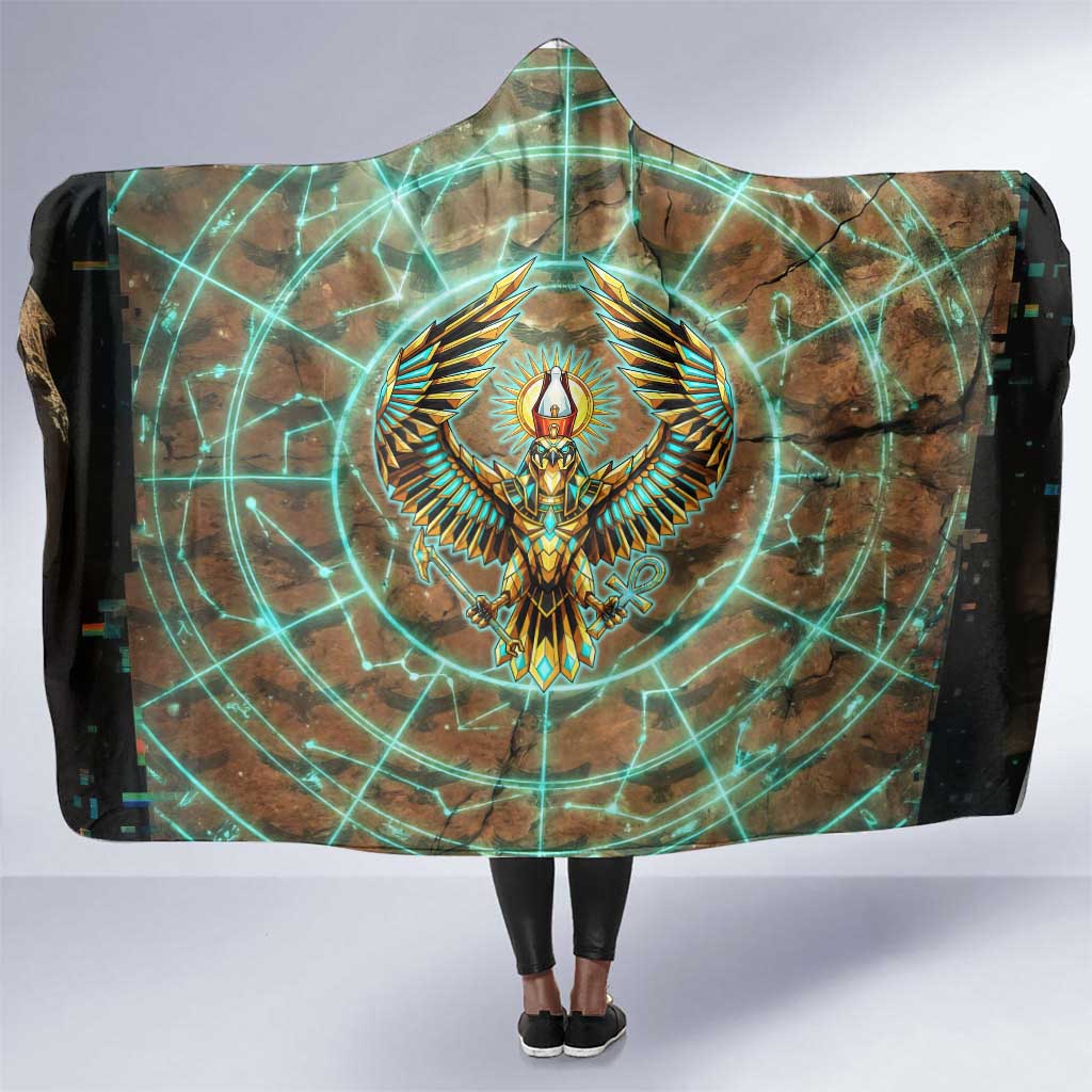 Horus Eye of Ra Hooded Blanket Golden Falcon Ancient Egyptian Symbol in Futuristic