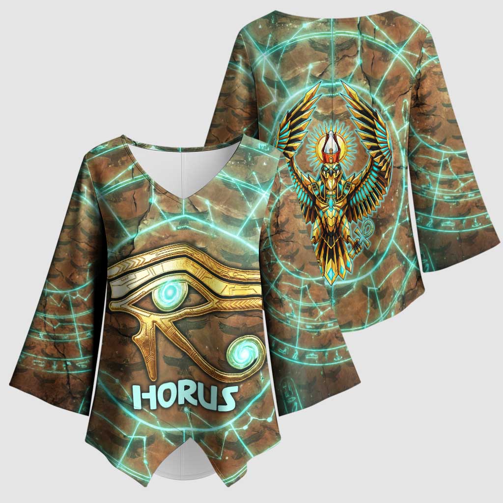 Horus Eye of Ra Kimono Sleeve Blouse Golden Falcon Ancient Egyptian Symbol in Futuristic