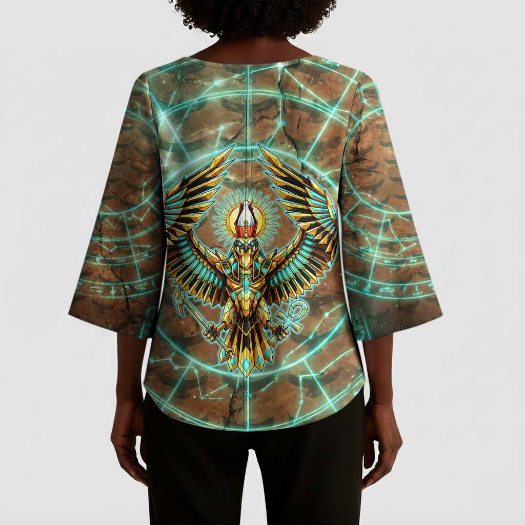Horus Eye of Ra Kimono Sleeve Blouse Golden Falcon Ancient Egyptian Symbol in Futuristic