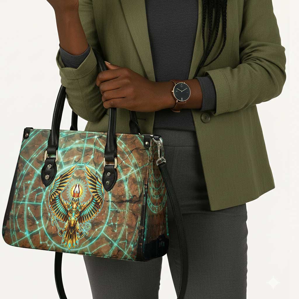 Horus Eye of Ra Leather Bag Golden Falcon Ancient Egyptian Symbol in Futuristic