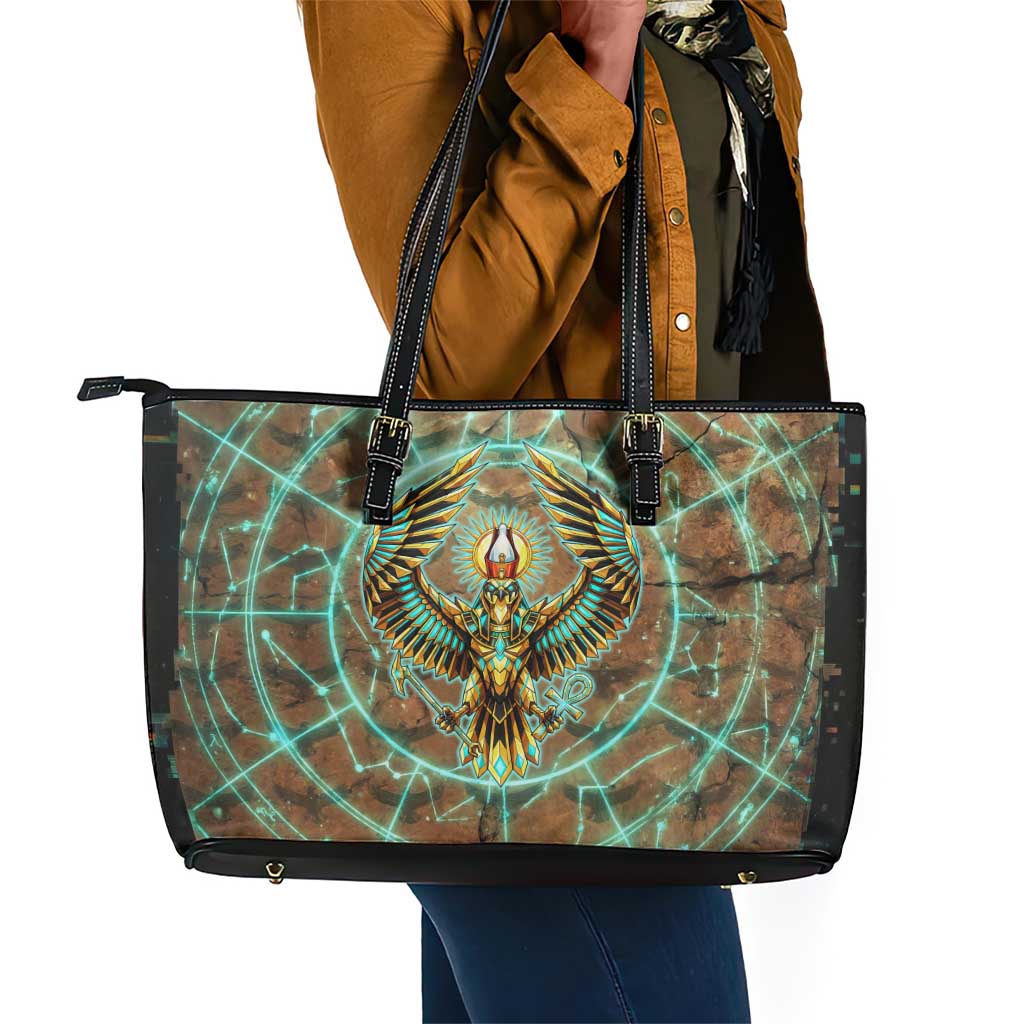 Horus Eye of Ra Leather Tote Bag Golden Falcon Ancient Egyptian Symbol in Futuristic